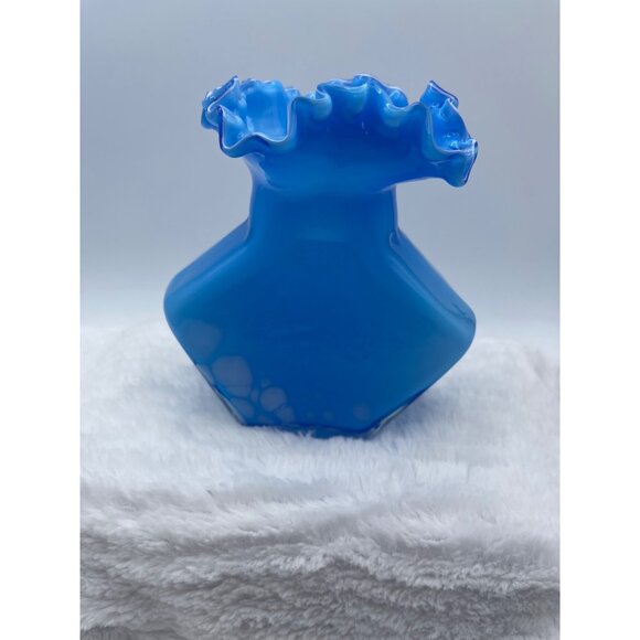 Vintage Hand-Blown Vase Bright Sky Blue and White Accents, Ruffled Edge - Picture 3 of 10